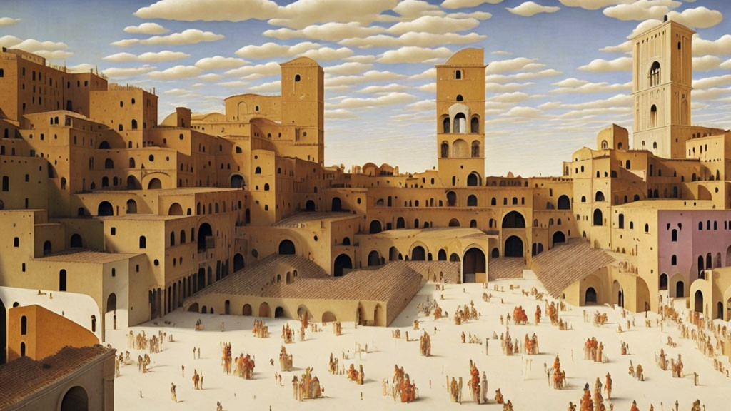 Detailed ancient cityscape painting with towers, arches, and small figures.