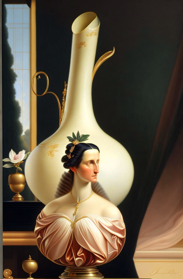 Surreal painting: Woman blending into white vase on dark background