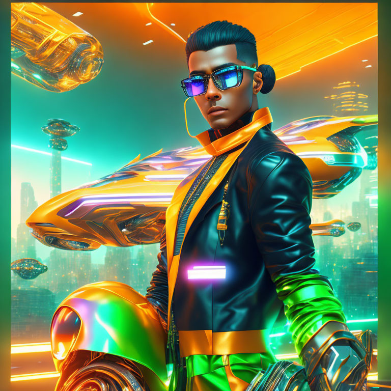 Stylized man with sunglasses in neon-lit city with flying cars