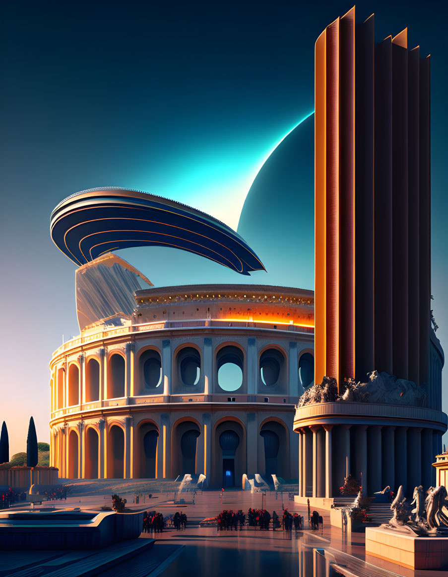 Futuristic Colosseum-style building with hovering structure under blue sky