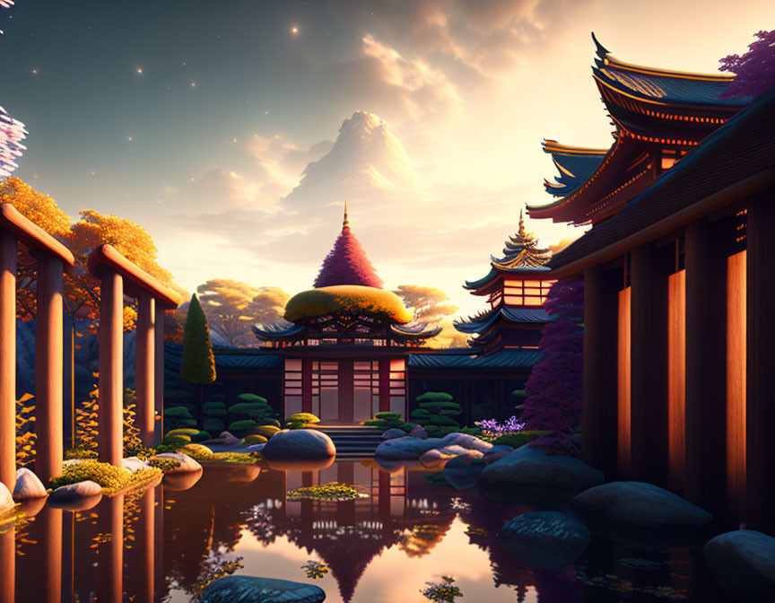 Traditional Asian temple by still pond under twilight sky