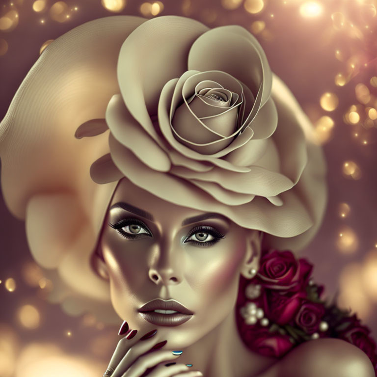 Portrait of Woman with Rose Hat and Red Roses in Golden Bokeh