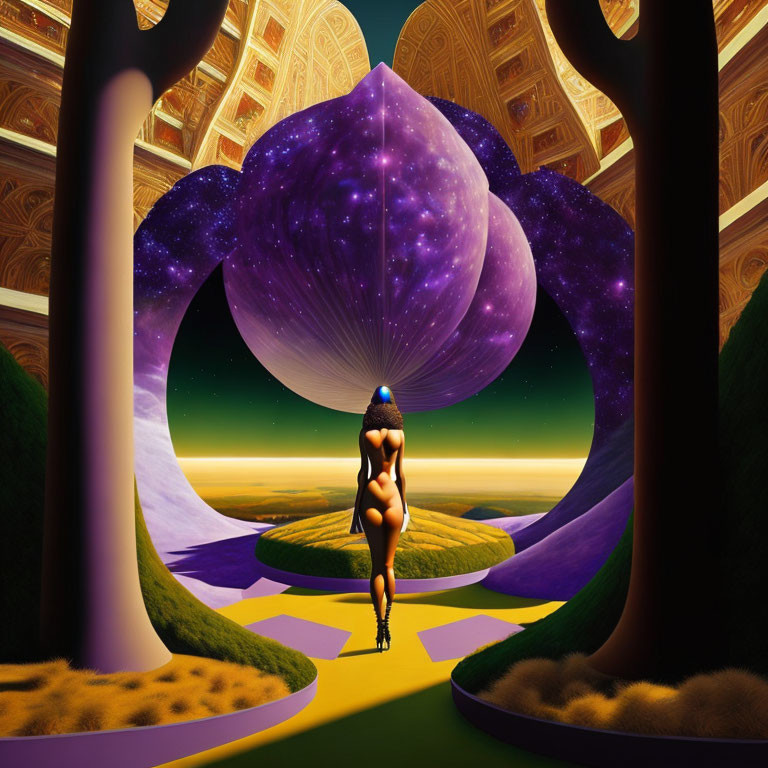 Surreal landscape with woman, cosmic orb, trees, and starry space