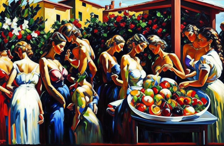 Colorful painting of women in elegant dresses around a table with fruits in a sunny setting