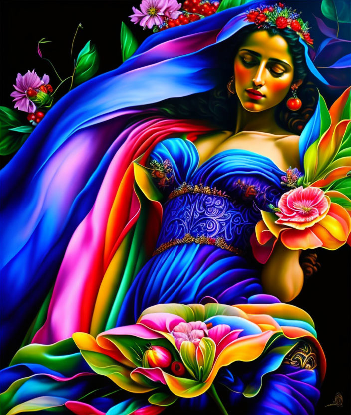 Colorful artwork of woman in flowy garments amid lush flowers on dark background