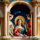 Neoclassical digital artwork of three women under halo, ornate archways, blue sky