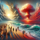 Beach scene with distant explosion's mushroom cloud at sunset