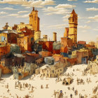 Detailed ancient cityscape painting with towers, arches, and small figures.