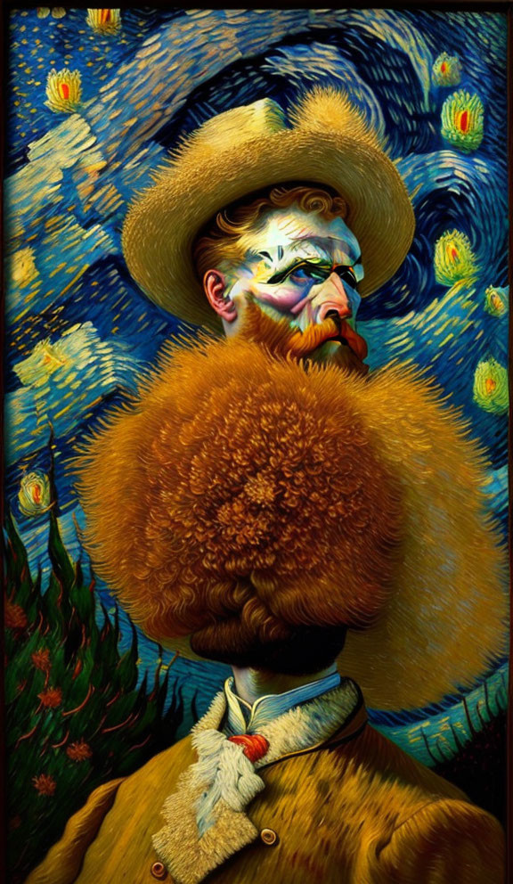 Stylized portrait blending self-portrait with "The Starry Night