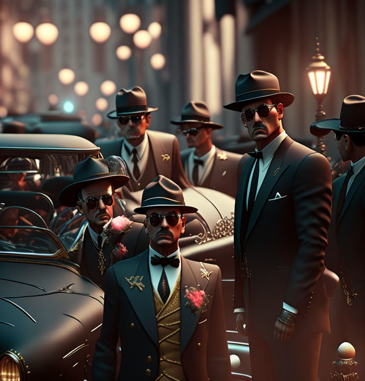 Stylized men in vintage suits and fedoras among classic cars and orb lights.