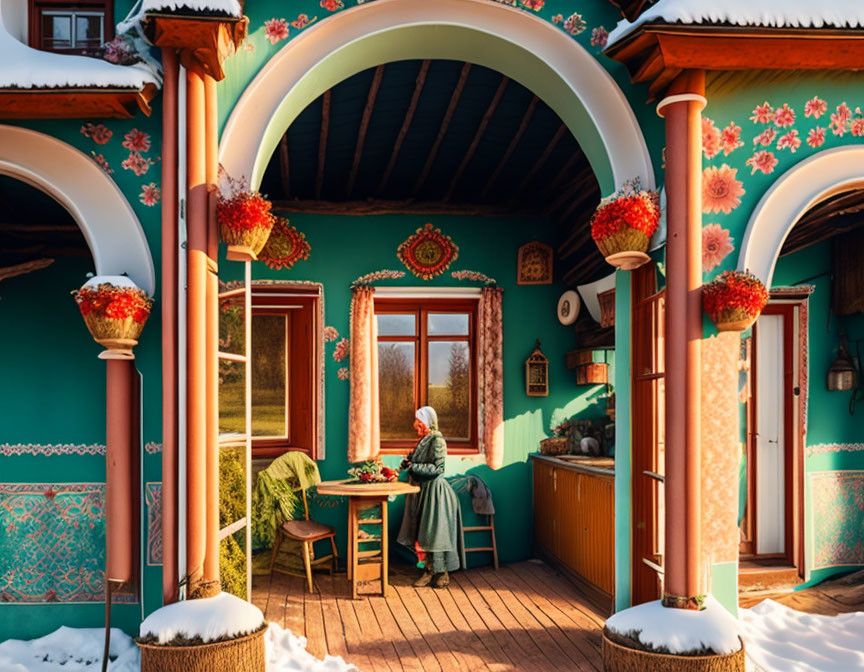 Person in traditional clothing by window in vibrantly decorated porch with snow outside and warm sunlight.