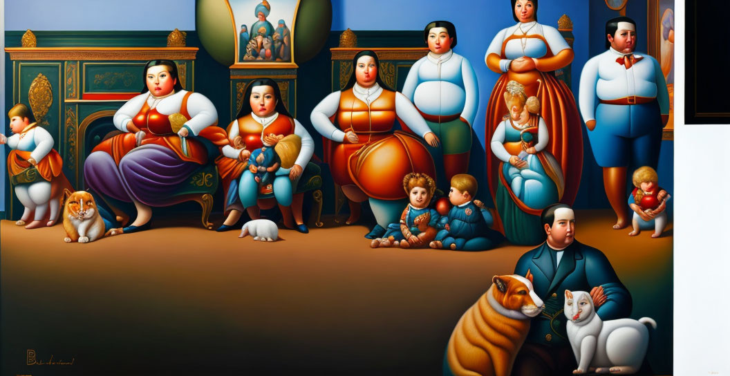 Whimsical painting of stylized people with pets in a classical room