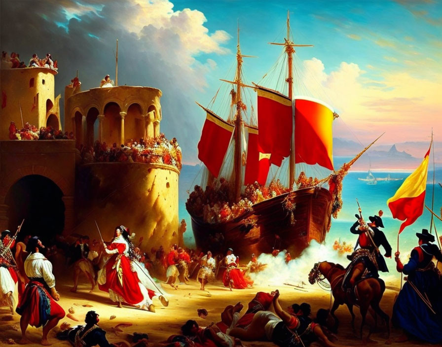 Dramatic historical painting of sea invasion and battle scenes