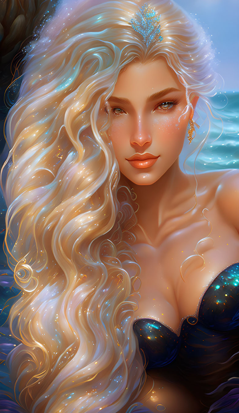 Blond-haired woman with ocean-themed jewelry in seaside fantasy portrait