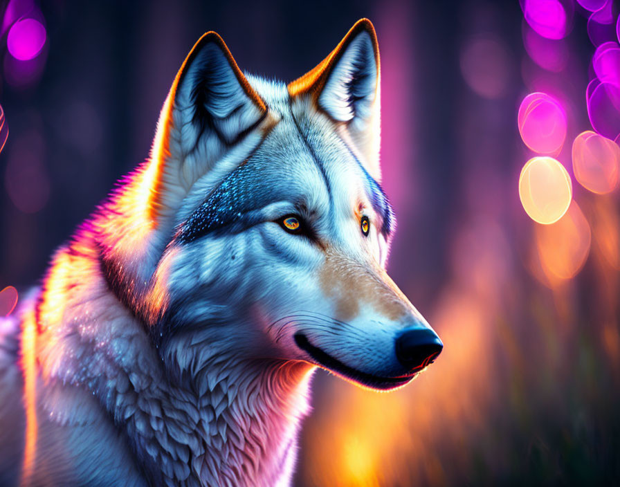 Colorful digital artwork: Wolf with purple and orange bokeh background