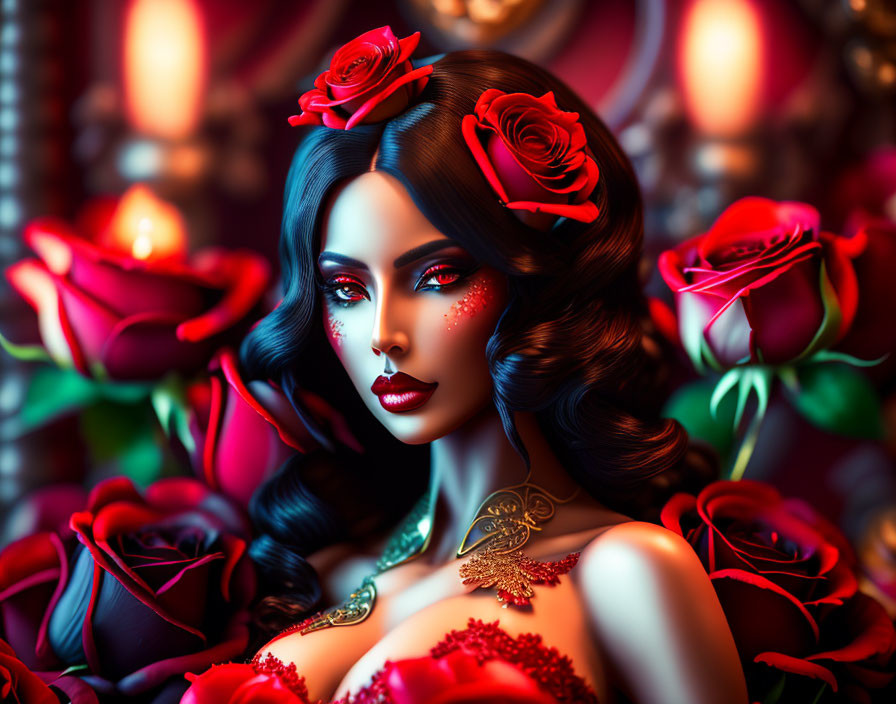 Stylized image of woman with red roses, makeup, and dress