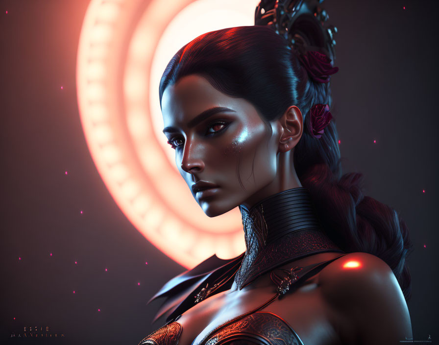 Futuristic digital artwork of metallic woman with roses and glowing backdrop