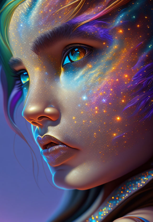 Close-Up Digital Portrait: Galaxy-Themed Makeup with Cosmic Colors