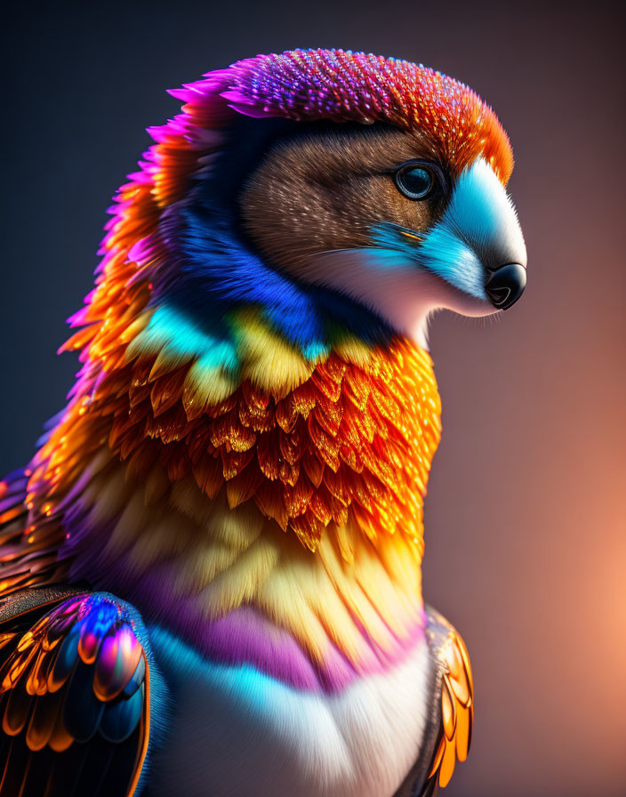 Colorful digital artwork: Bird-like creature with iridescent colors