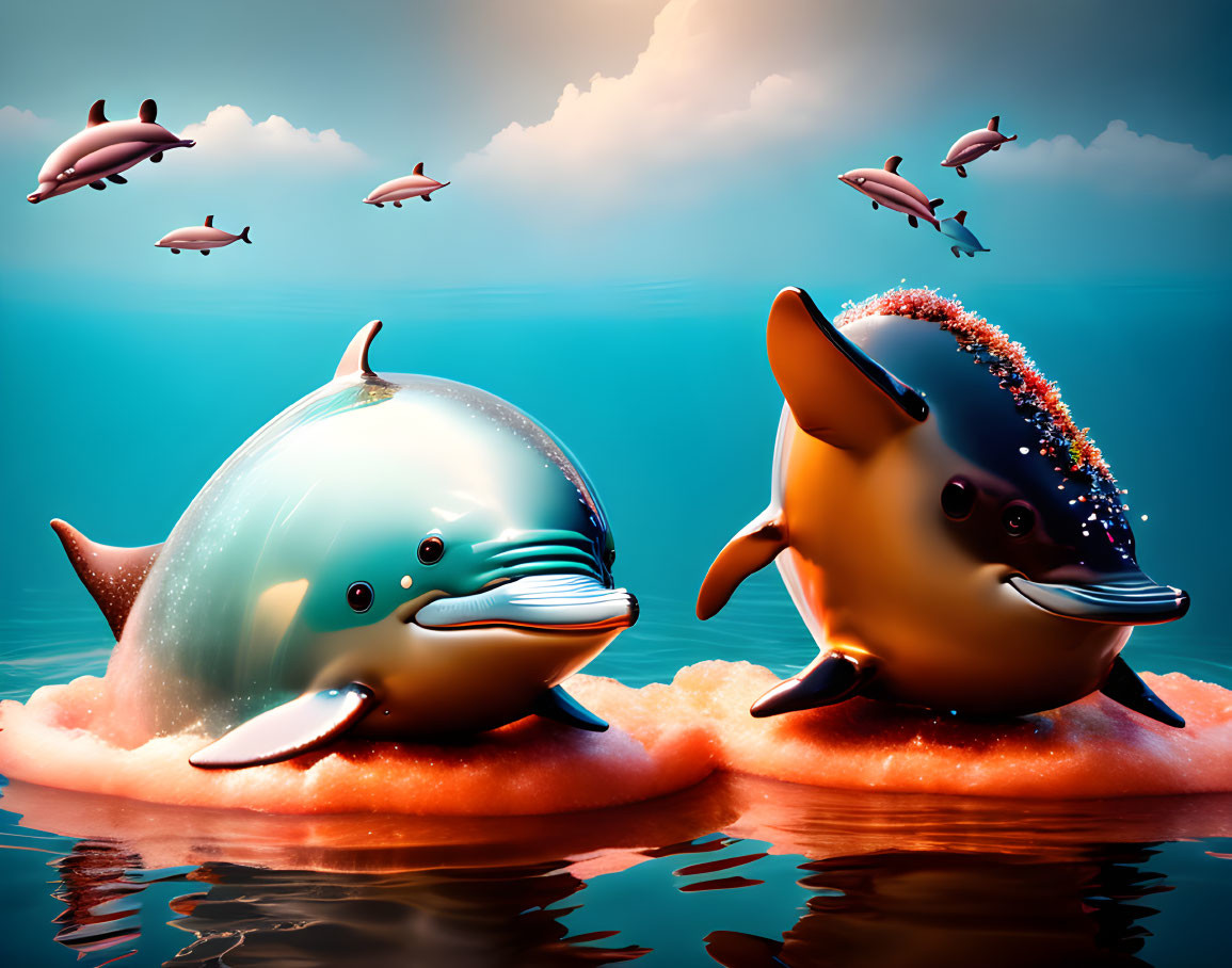 Stylized dolphins with expressive faces on water under a warm sky