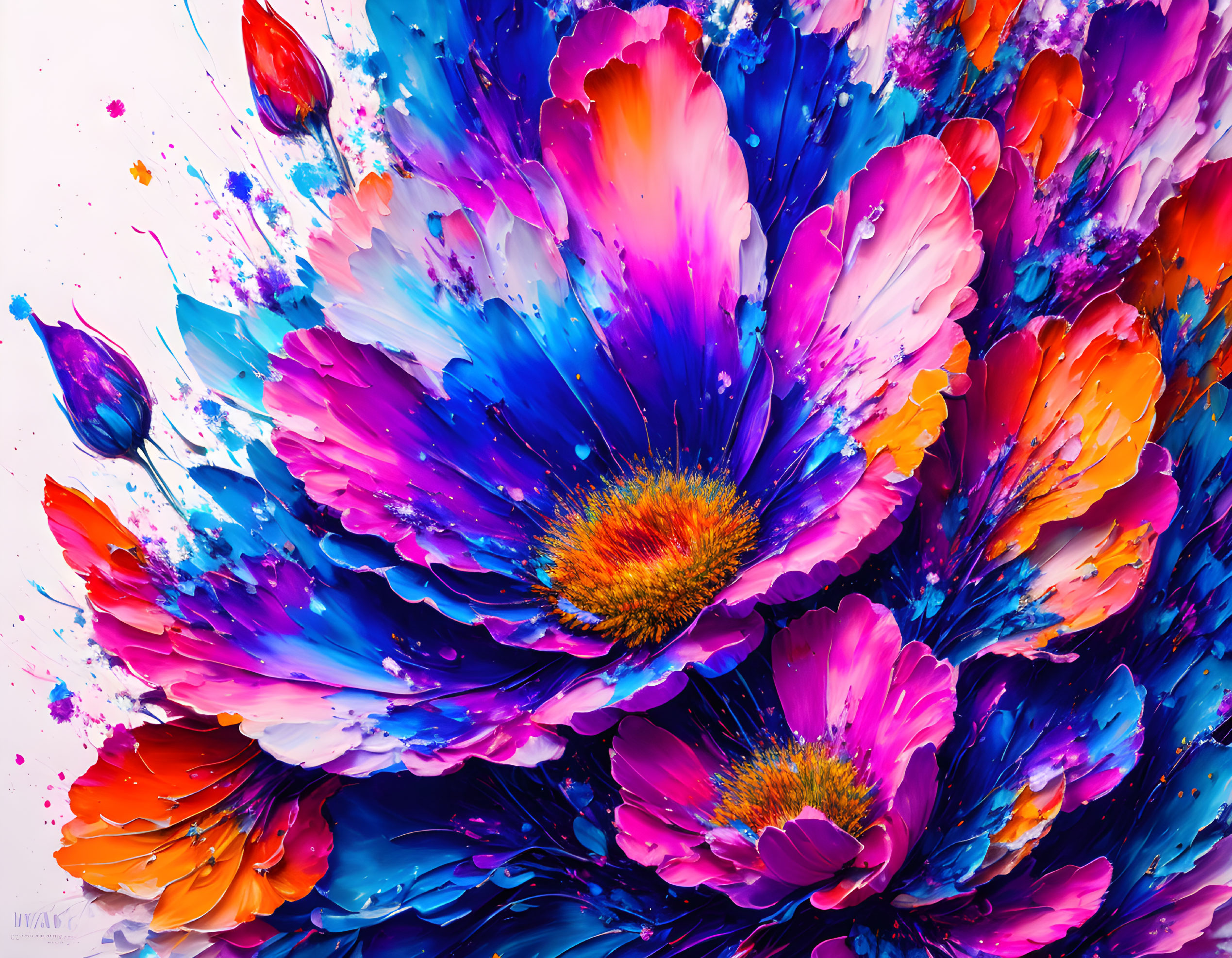 Colorful Floral Shapes and Paint Splatters on White Background