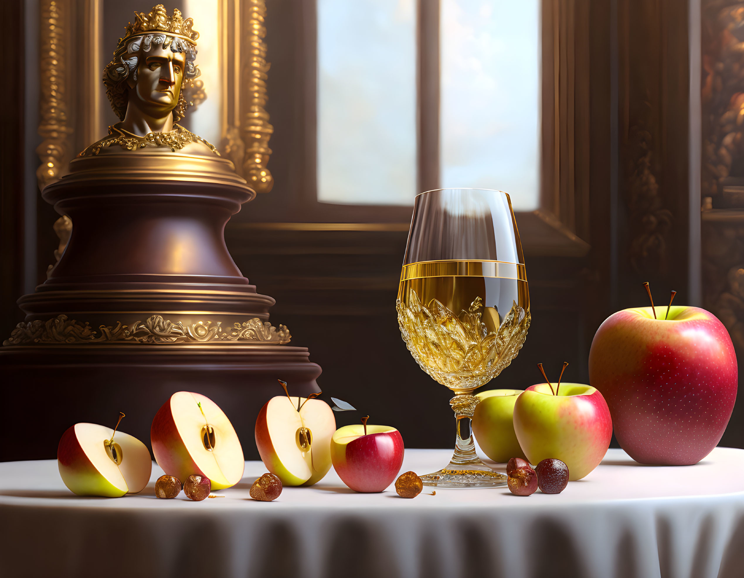 Regal bust overseeing still life with fruit and wine glass