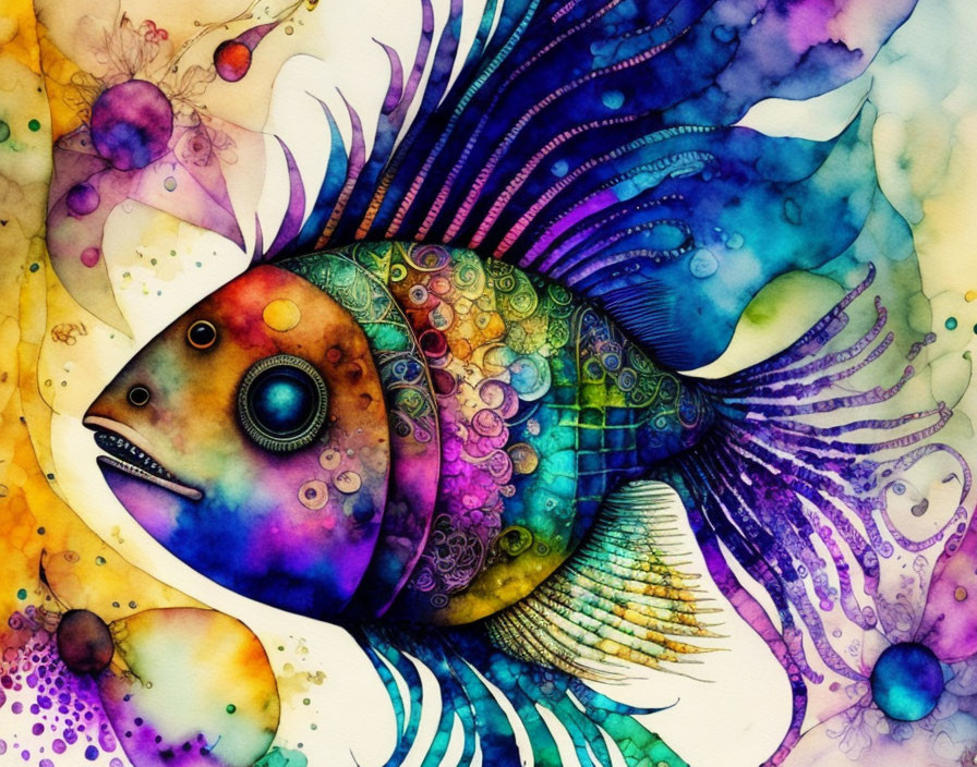 Vibrant Watercolor Fish Illustration with Patterns