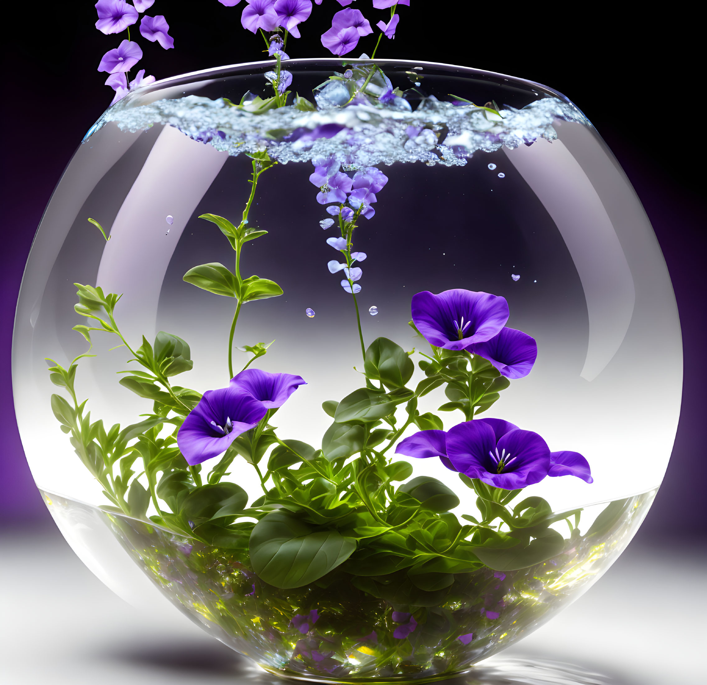 Glass vase with spilling water, vibrant purple flowers, greenery on purple background