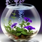 Glass vase with spilling water, vibrant purple flowers, greenery on purple background