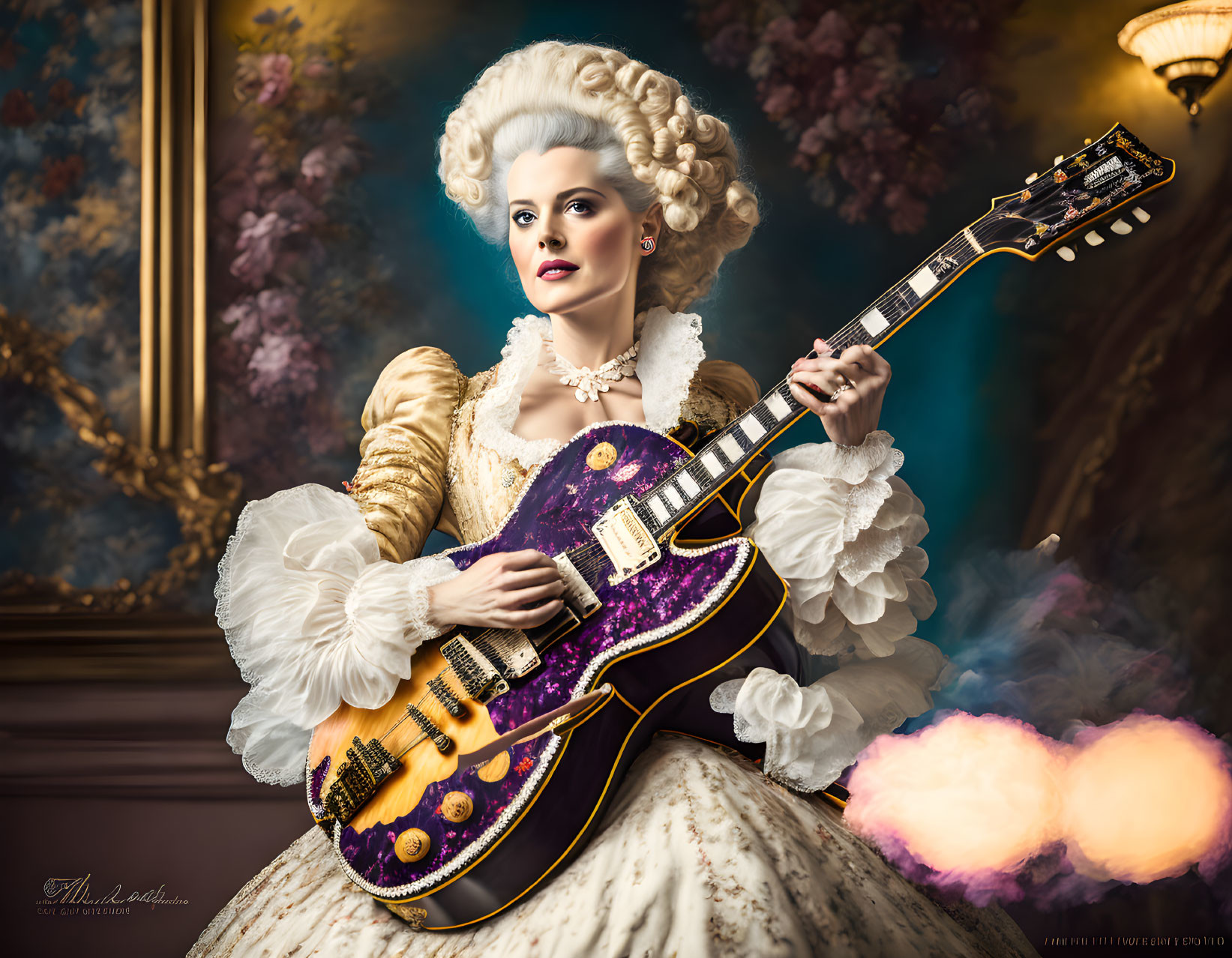 Luxurious 18th-Century Dress Woman Poses with Electric Guitar