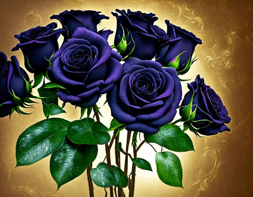 Deep Blue Roses Bouquet on Golden Ornate Background