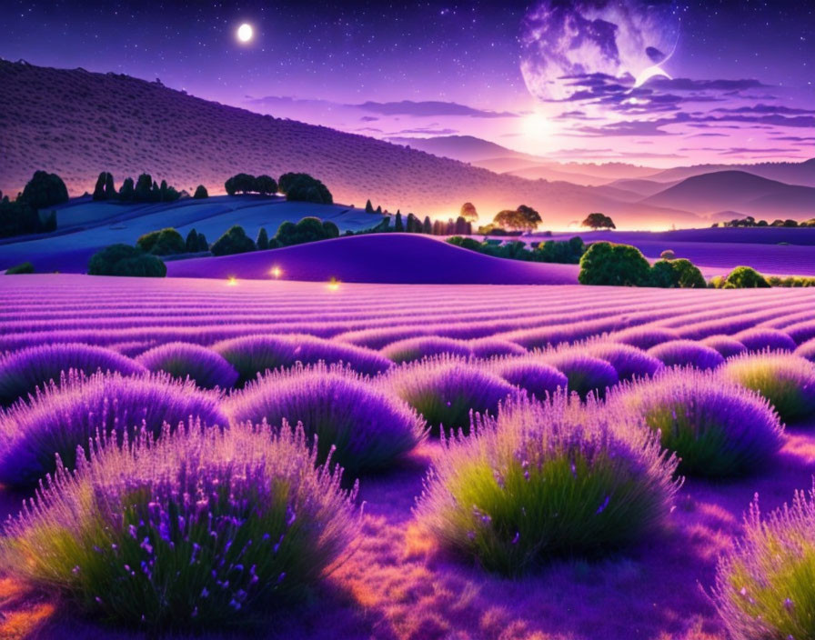 Lavender field at dusk with starry sky and moon