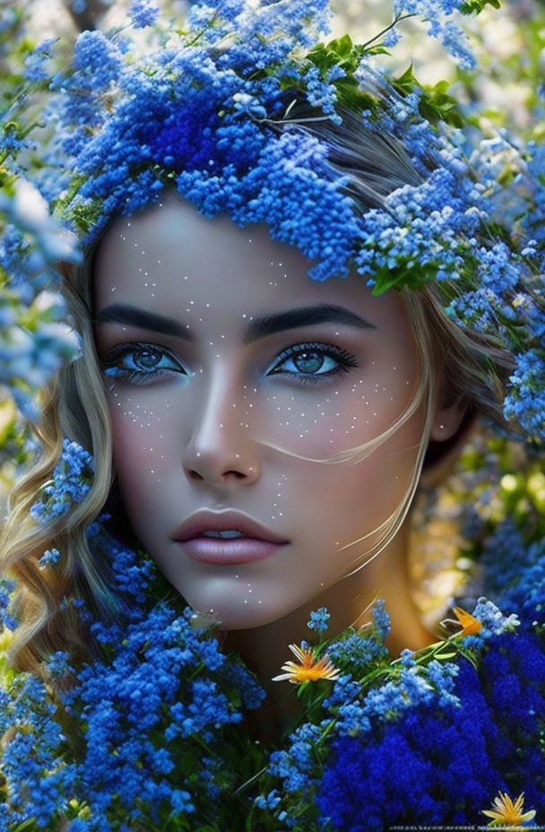 Woman with Striking Blue Eyes Surrounded by Vibrant Blue Flowers