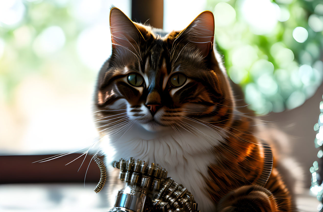 Majestic tabby cat with green eyes and unique markings in soft backlight