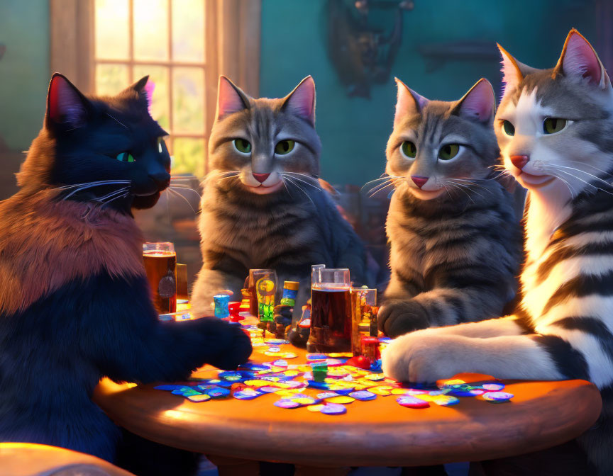 Four animated cats at table with drinks & tokens in strategic game night