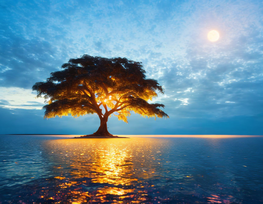 Solitary tree at sunset reflected in tranquil water under dusky sky