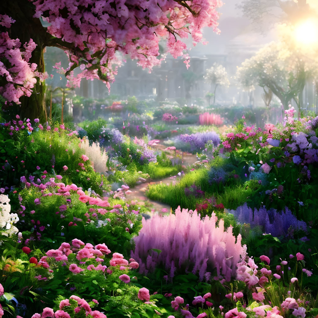 Blooming pink cherry trees in lush garden landscape