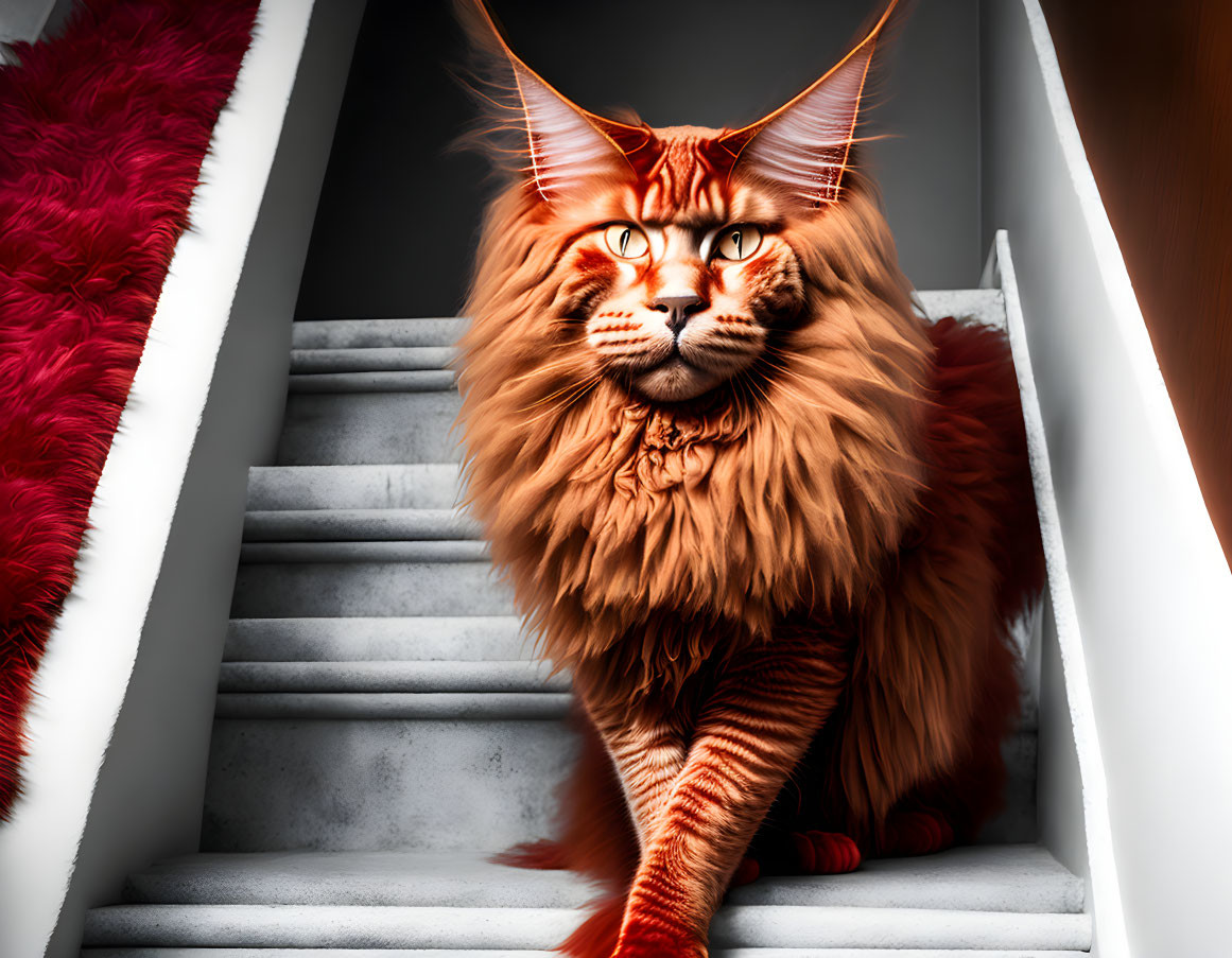 Majestic orange Maine Coon cat on plush red carpeted staircase