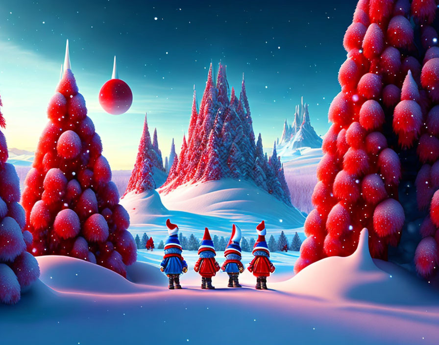 Four small figures in red hats in snowy landscape with colorful trees and moon.