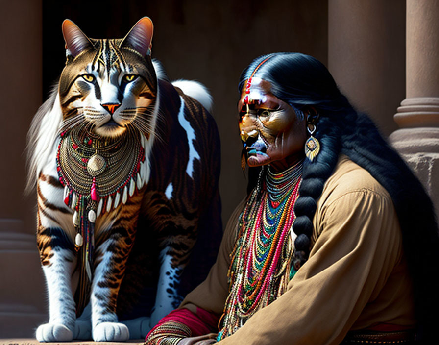 Indigenous person with face paint next to digitally altered cat