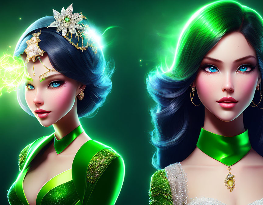 Two women with green and blue hairstyles in elegant dresses on a glowing green backdrop