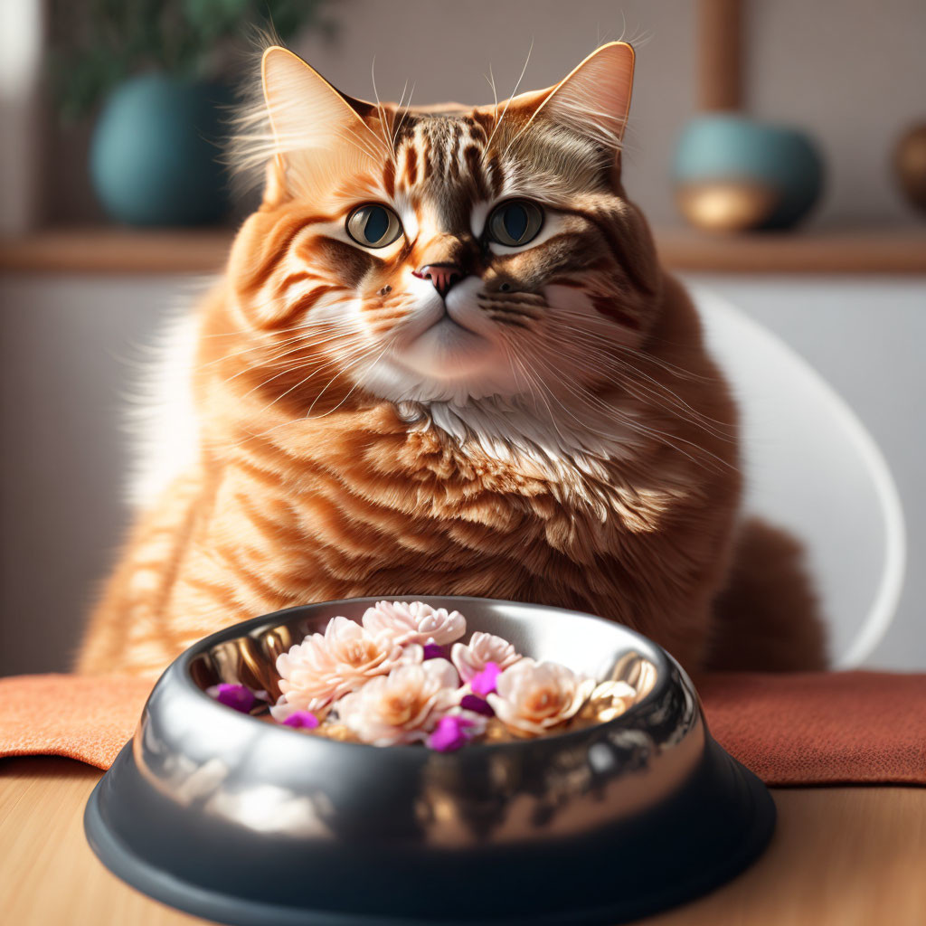 Orange Tabby Cat with Striking Markings and Green Eyes Behind Flowers