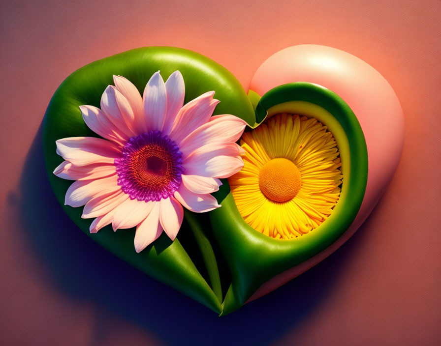 Heart-shaped object with colorful flower petals and a yellow-centered flower