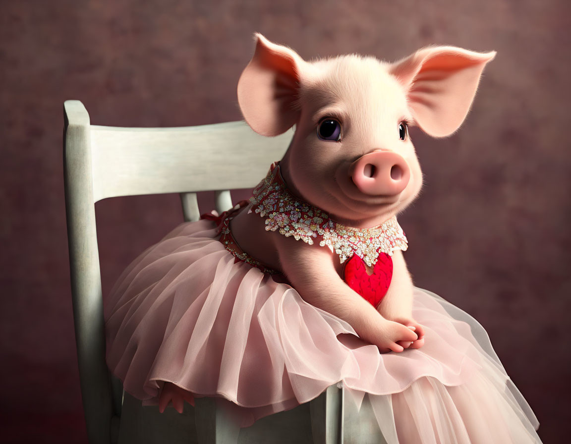 Animated piglet in pink tutu with pearl necklace holding red heart