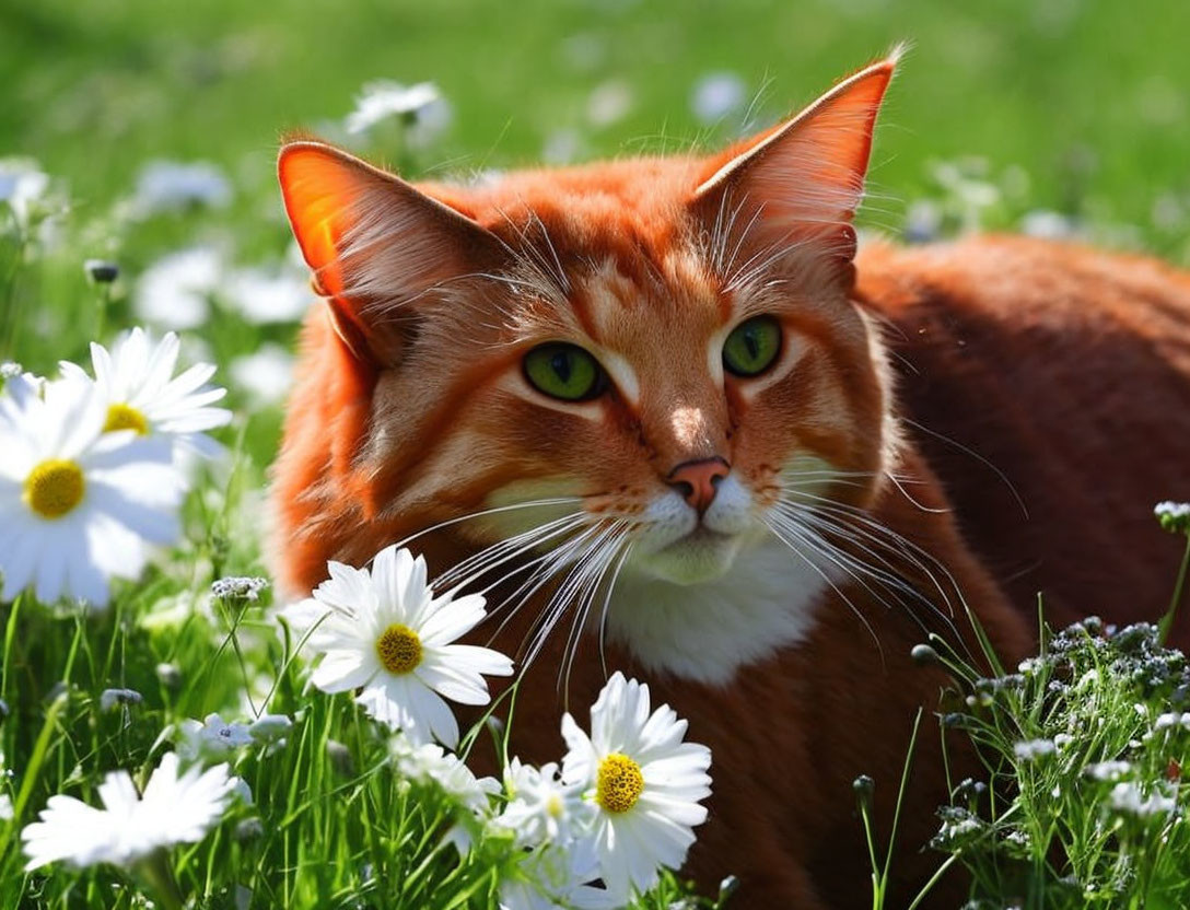 Orange Cat with Green Eyes Resting in Sunny Meadow with White Daisies