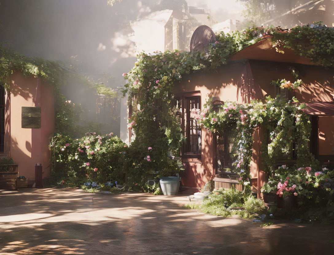 Tranquil courtyard with sunlight, lush vines, and potted plants