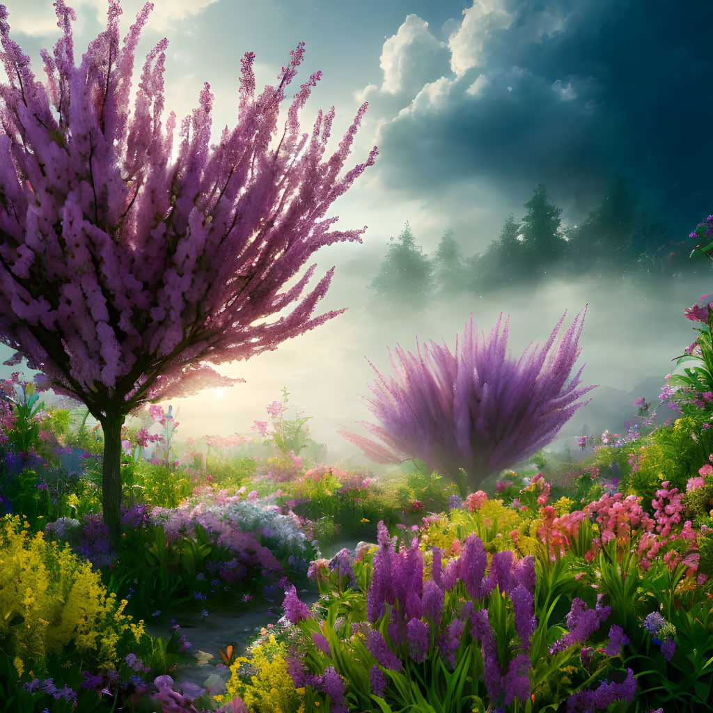 Tranquil garden with purple and pink flowers, greenery, mist, and sunlight