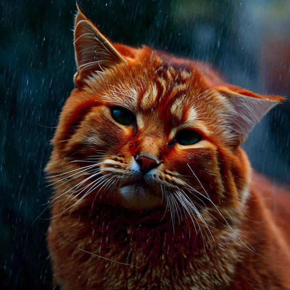 Orange Tabby Cat with Stern Gaze in Rainy Close-Up