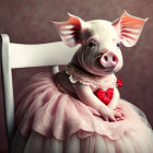 Animated piglet in pink tutu with pearl necklace holding red heart