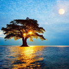 Solitary tree at sunset reflected in tranquil water under dusky sky